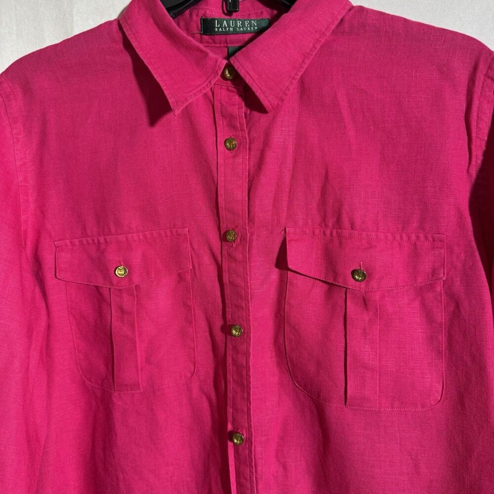 Lauren Ralph Lauren 100% Linen Pink Shirt Women's Large Gold Buttons Casual - Picture 4 of 9